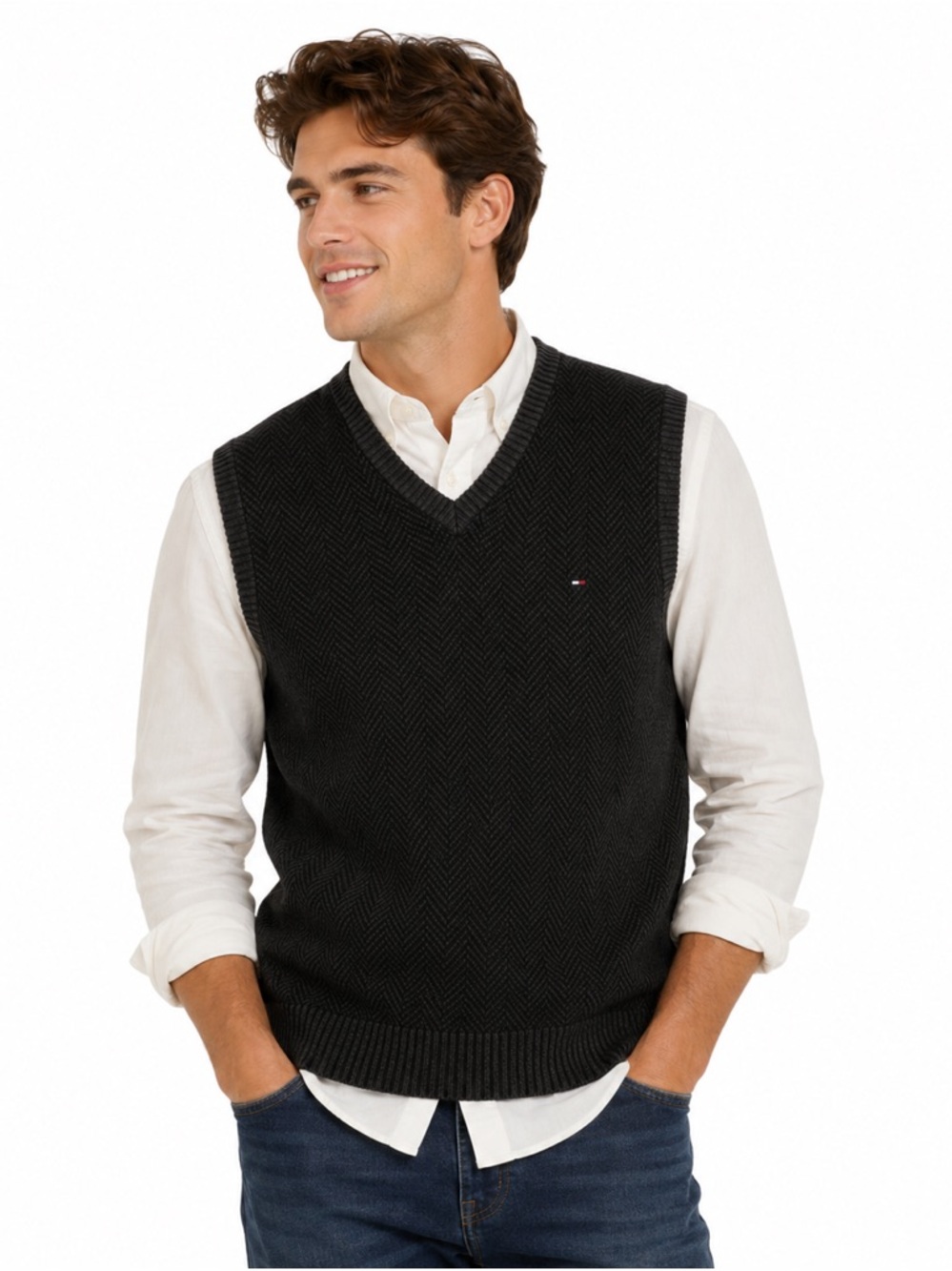 Tommy Hilfiger Green Herringbone Cotton V-Neck Vest Size XL